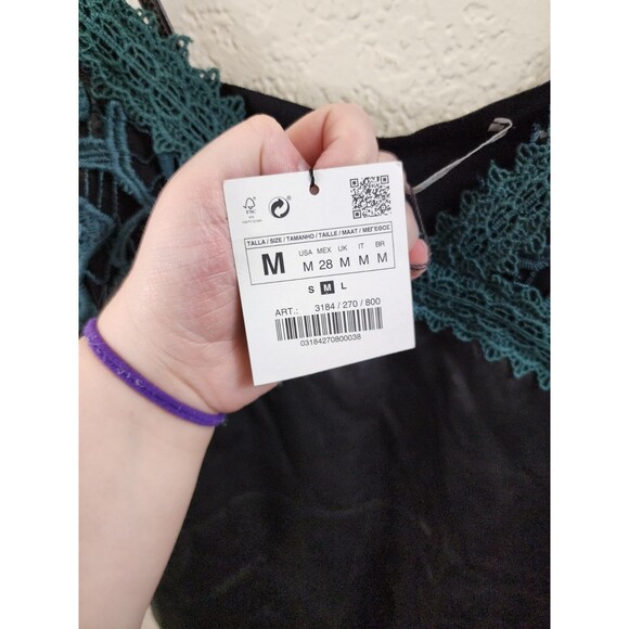 New Zara TRF Womens M Black Green Lace Faux Leather Slip Mini Dress - Picture 7 of 7